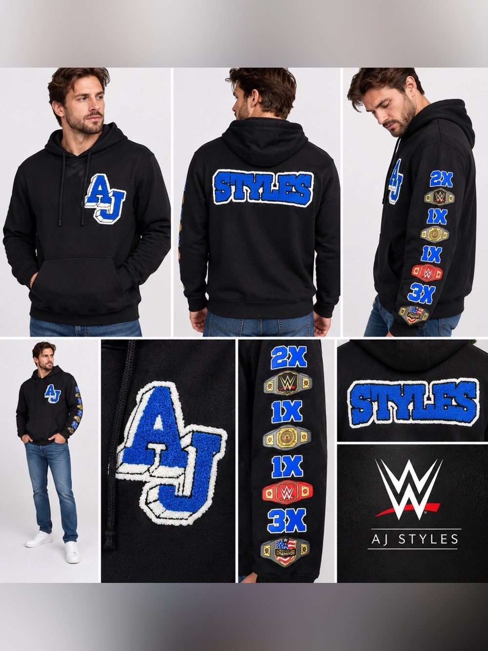 WWE AJ Styles Black Graphic Hoodie Championship Belts Men’s M NWT
